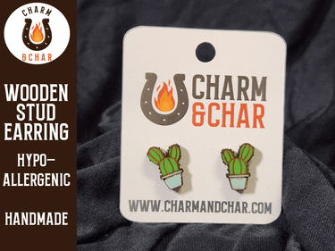 Cactus Wood Stud Earrings - Plant Fashion Earring - Stud Earring - Charm and Char